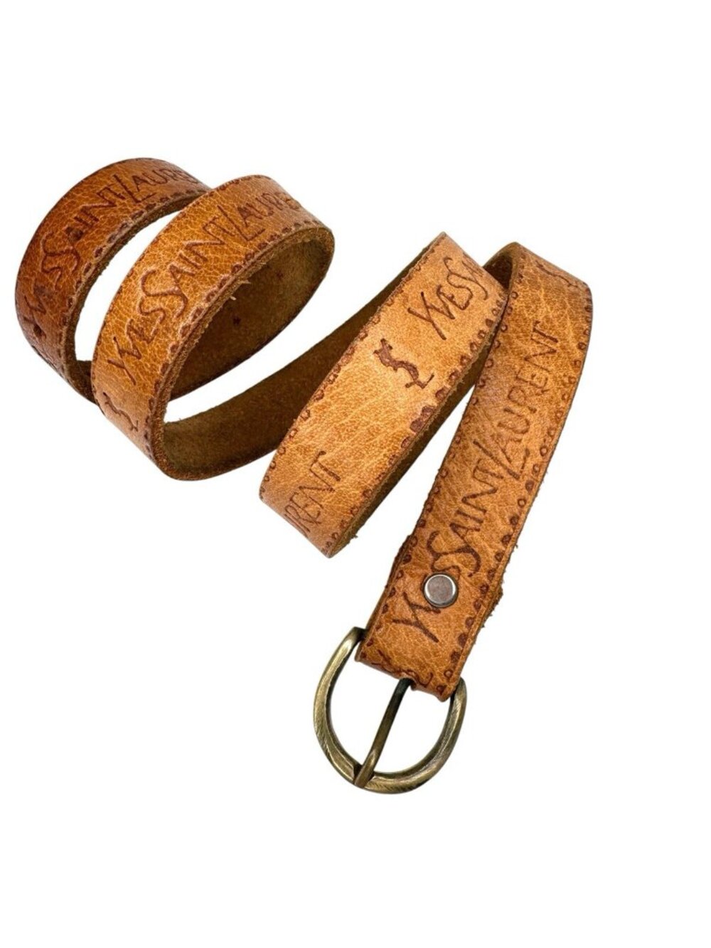 Vintage Yves Saint Laurent YSL Tan Embossed Leather Skinny Belt Brass 39.5”